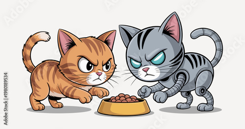 Fierce Battle Between Orange Cat and Robot Cat Over Food Bowl in Cartoon Style