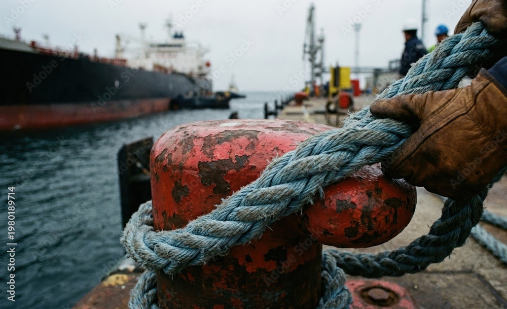 Fototapeta premium Thick Mooring Rope Secured at Oil Shipping Port with Vessel in Background