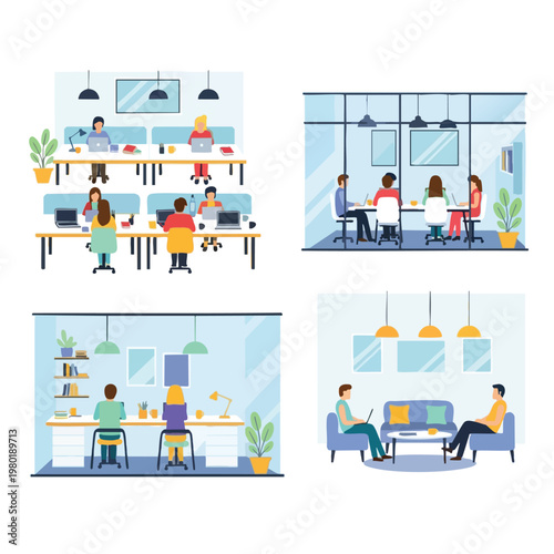 Modern Office Spaces with Employees Working in Collaborative and Remote Environments