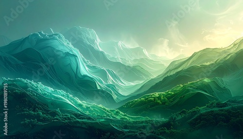 A serene mountain landscape with lush greenery and majestic mountains under a cloudy sky at sunrise