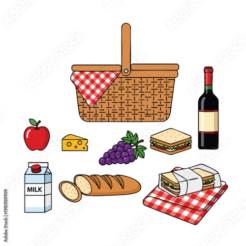 Picnic Basket with Food Items and Wine for Outdoor Dining