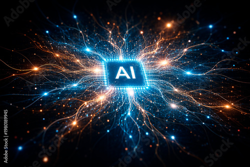 Artificial intelligence processor chip glowing with interconnected neural network pathways, computing core, digital data flow, machine learning.