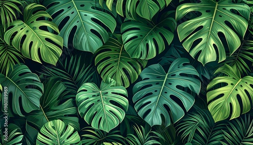 A lush arrangement of tropical green leaves fills the frame with dense foliage.