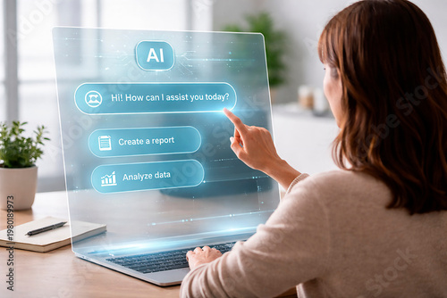 Woman interacting with transparent holographic interface for virtual assistance, digital workspace innovation, futuristic computing interaction, advanced software navigation.