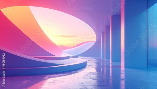 Vibrant pink and blue hues illuminate a futuristic interior scene with curved lines and pillars at sunset.