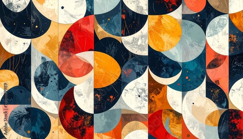 Vibrant abstract art piece featuring various colorful shapes and patterns