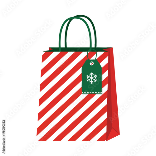 Festive Holiday Shopping Bag with Striped Pattern and Gift Tag