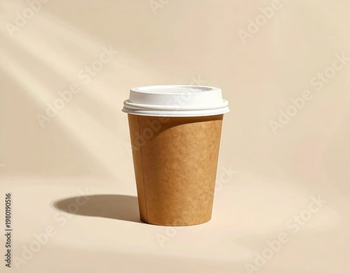 A single-use brown paper coffee cup with a white plastic lid sits against a neutral beige background, casting a soft shadow.