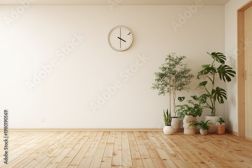 Light-filled room with plants, wooden floor, and a clock