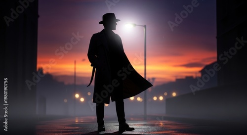 Silhouette of a man in a hat and coat against a dramatic sunset background