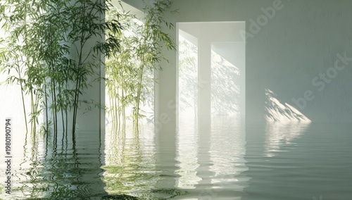Light-filled space with bamboo reflecting in water, creating a tranquil atmosphere