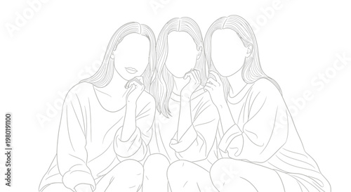 A minimalist line drawing depicts three young women sitting closely together faces obscured