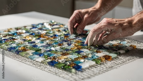 Medium shot of hands carefully placing small colored glass pieces onto mesh sheets creating vibrant mosaic panels perfect for elegant indoor feature walls.