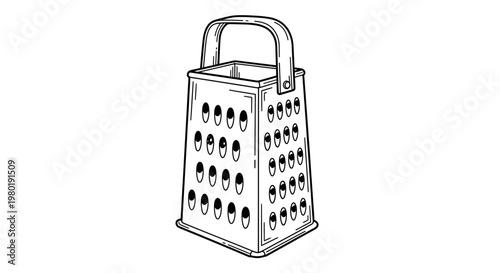 Black and white illustration of a four sided kitchen grater with a handle