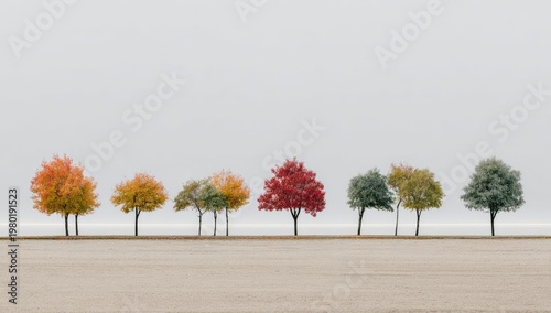 Line of colorful autumn trees on a plain landscape, under an overcast sky