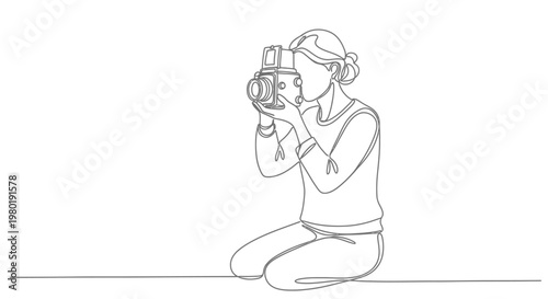 Woman photographer taking photo with vintage camera line art illustration