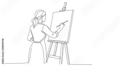 Woman painting on easel outline illustration creative process artistic concept