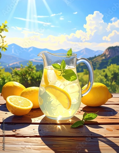 A refreshing pitcher of lemonade sits on a wooden table with lemons and mint, bathed in warm sunlight.