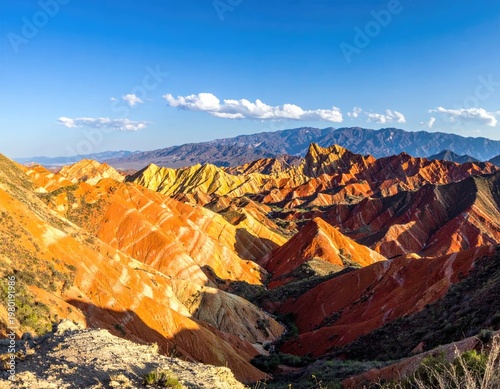 The vibrant, layered sandstone formations of the Rainbow Canyons in Nevada create a stunning landscape under a clear blue sky.