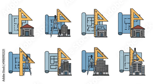 Industrial crane machine equipment icons set.