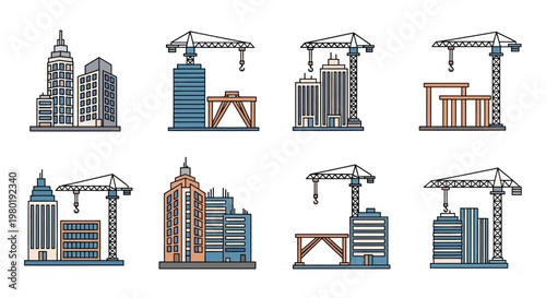 Construction cranes and city buildings.