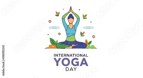 International Yoga Day vector illustration. Woman in lotus pose meditating in nature. Flat design concept for wellness and health