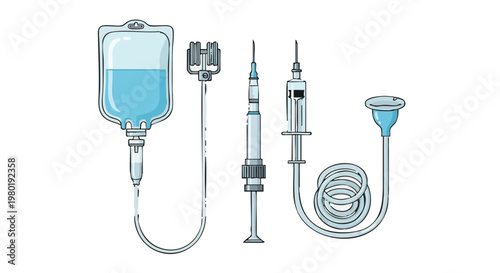 Set of medical instruments for infusion therapy. IV bag, syringes, and tubing on white background