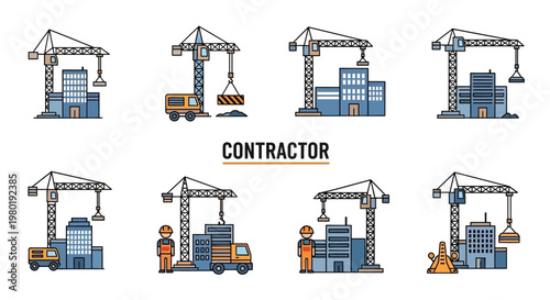 Construction cranes and workers at site.