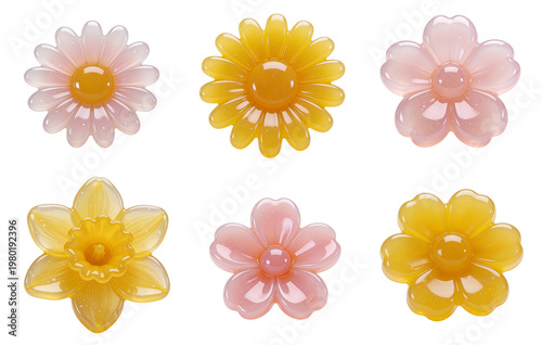 グロッシーゼリー風の花アイコン6点セット 透明感のあるかわいいフラワーイラスト素材