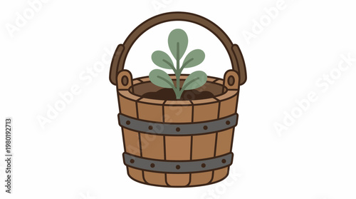 Minimalist Cartoon Illustration of a Young Green Plant Sprouting from Rich Soil in a Classic Wooden Bucket