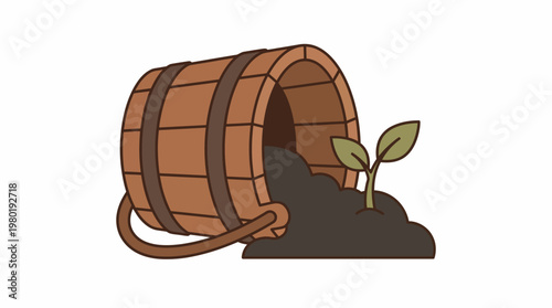 Vibrant Green Sprout Emerging from Fertile Soil Spilled from an Overturned Wooden Bucket, Symbolizing New Beginnings and Gardening