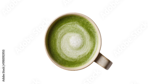 Konstfotografi Isolated frothy green matcha latte in a rustic ceramic mug, delicious healthy dr