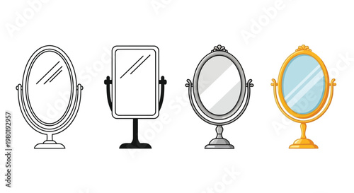 A series of four decorative hand mirrors progressing from outline to full color