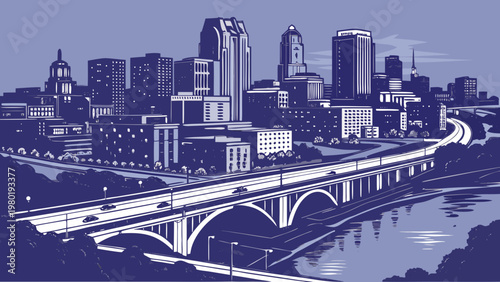 Minneapolis Minnesota Skyline Vector Art with Bridge and River