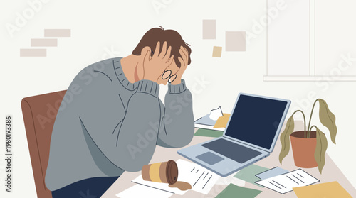 Workplace Burnout Scene with Exhausted Office Worker Modern Flat Vector
