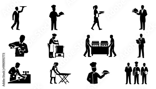 Catering Staff Silhouette Set, Waiter Chef and Hospitality Service Icons, Event Catering Team Vector Collection