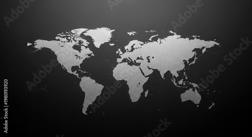 Minimal world map silhouette fading into dark gradient with soft focus and depth of field.