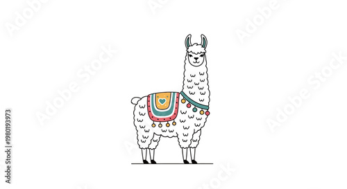 Adorable white llama cartoon illustration with colorful traditional decorative blanket and tassels, standing on a clean background.