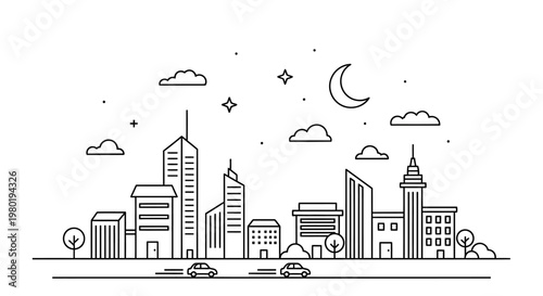 Minimalist City Skyline Line Art at Night with Modern Buildings, Cars, Moon, and Stars. Urban Landscape Outline Illustration.