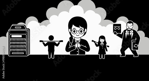 Monochrome vector illustration depicting legal and business administration, justice, bureaucracy, and data management concepts.