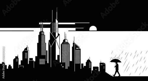 Monochromatic city skyline graphic illustration with tall skyscrapers and a person walking with an umbrella in the rain.