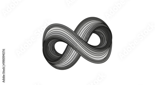 Abstract infinity symbol in shades of gray, representing endlessness, continuity, and infinite possibilities, on a white background.
