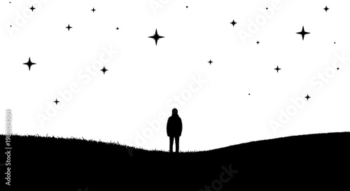 Solitary silhouette of a person standing on a subtle hill, gazing at a star-filled night sky. Minimalist black and white illustration.