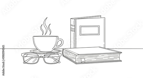 Cozy reading scene line art illustration with steaming coffee cup, eyeglasses, and stacked books on a table, black and white outline.