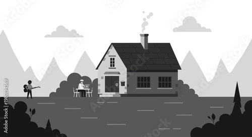 Grayscale vector illustration of a cozy house with a person working remotely outdoors and another walking in a serene mountain landscape