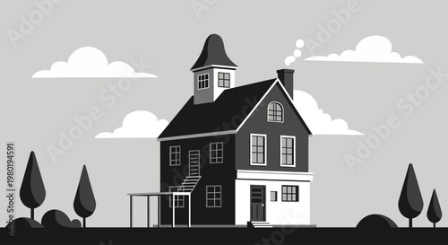 Detailed Grayscale Vector Illustration of a Traditional Residential House with Steep Roof and Chimney, Flat Design Style