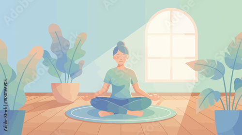 Calm Meditation Practice at Home with Plants Modern Flat Illustration
