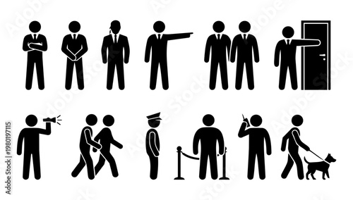 Security Guard Silhouette Set, Bodyguard and Protection Service Icons, Professional Security Personnel Vector