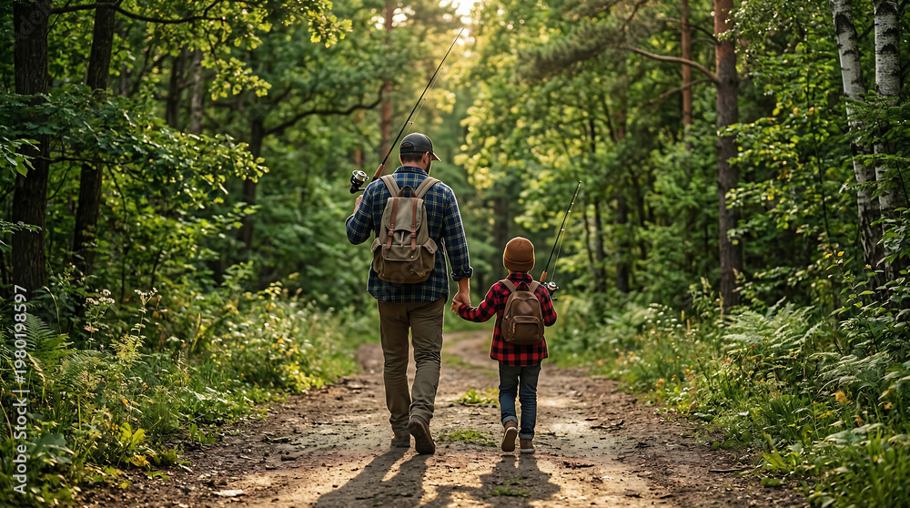 Fototapeta premium Father and Child Hand-in-Hand on a Sunny Forest Path, Creating Lasting Memories During a Serene Nature Hike and Outdoor Adventure