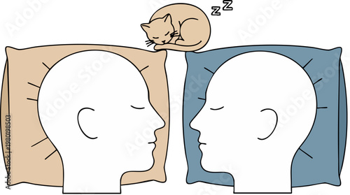 Minimalist vector illustration of a couple sleeping on pillows with a cat, domestic lifestyle scene of people and pet resting together